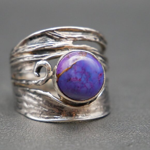 Organic Style Sterling Silver & Copper Vein Purple Turquoise Ring Size 8.5 - Picture 7 of 8